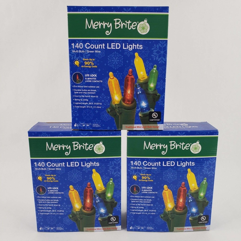 3 Merry Brite 140 ct LED Lights Multi Color Bulb Christmas Patio Kids Room Decor